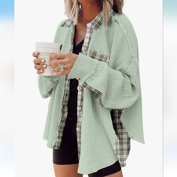 SHEWIN Waffle Knit Plaid Shacket Women’s XL Button‑Down Boyfriend Overshirt New - Picture 1 of 6